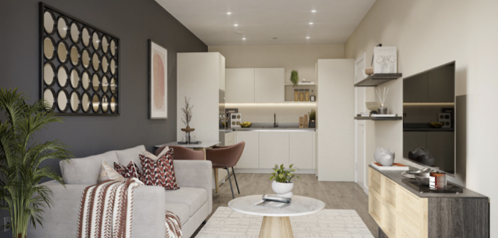 Open plan kitchen opening onto the lounge 